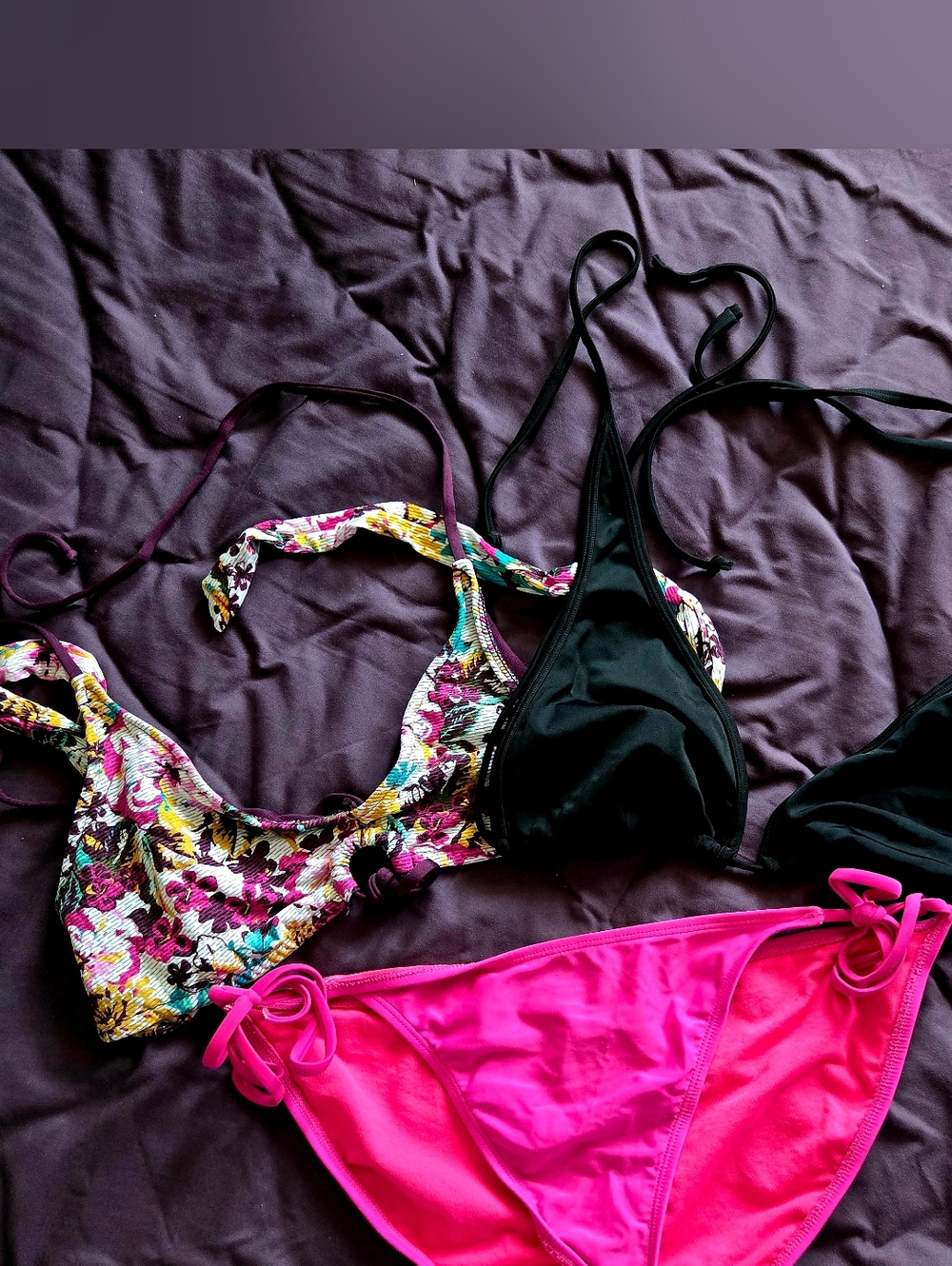 Floral & Black Bikini Top with Bright Pink Tie-Side Bottom